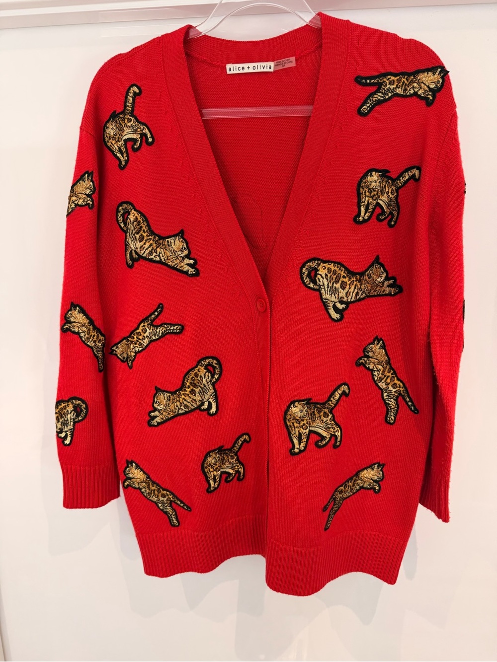 Alice + Olivia Red Cardigan with Gold Cat Appliqués